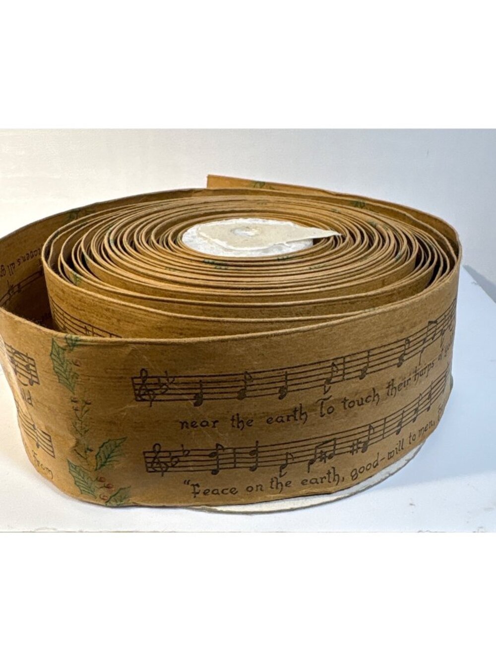 Kraft Paper Ribbon Roll Christmas Music Notes & Holly 2" Approx 12 Yards Vintage